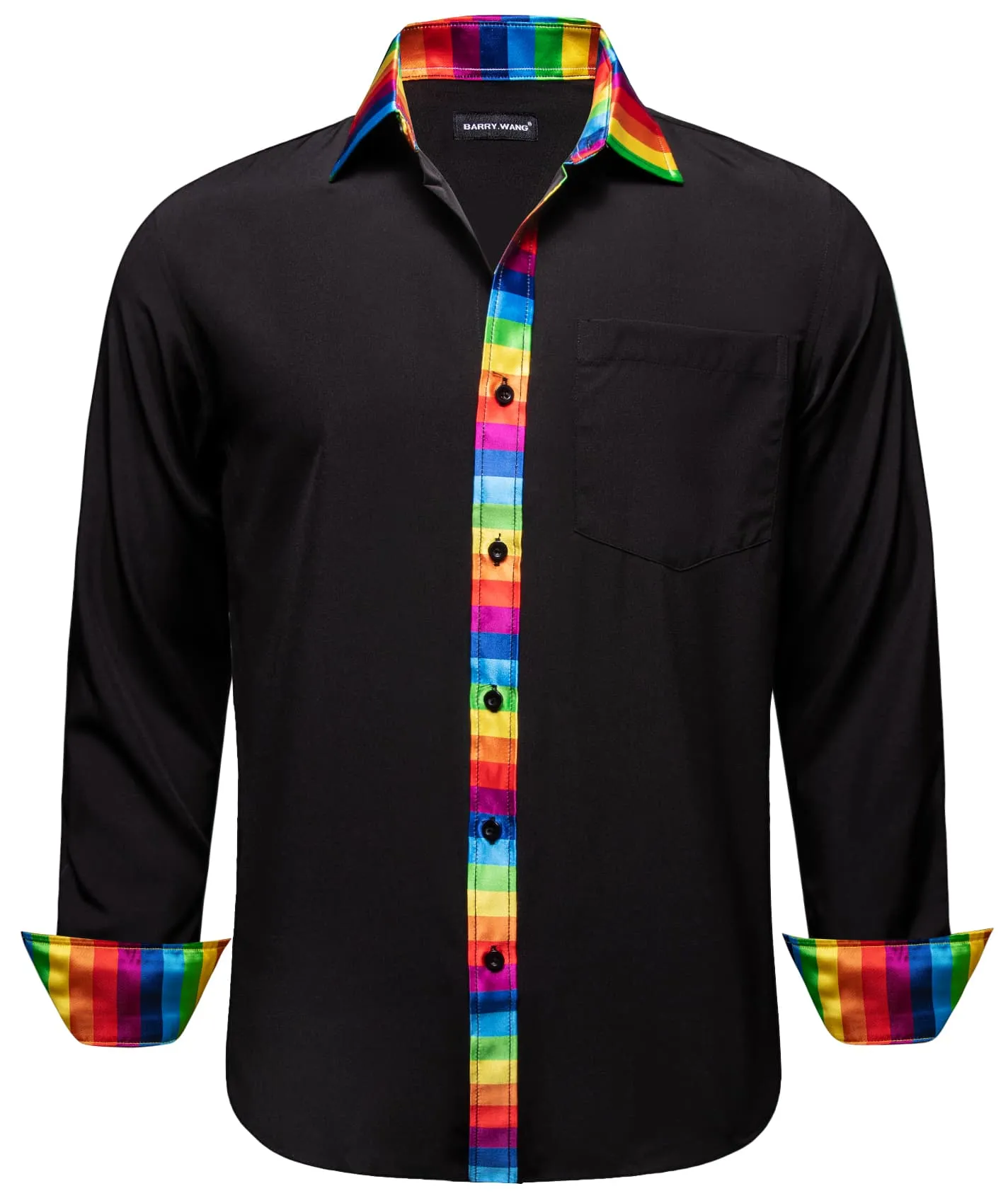 Barry. Wang Black Silk Shirt Splicing Rainbow Color Collar Cuffs Shirt sold by Barrywang product image thumbnail 2