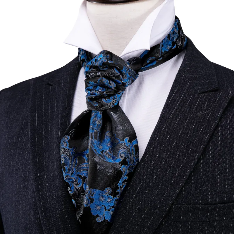 Barry Wang Men's Tie Black Blue Floral Ascot Handkerchief Cufflinks sold by Barrywang