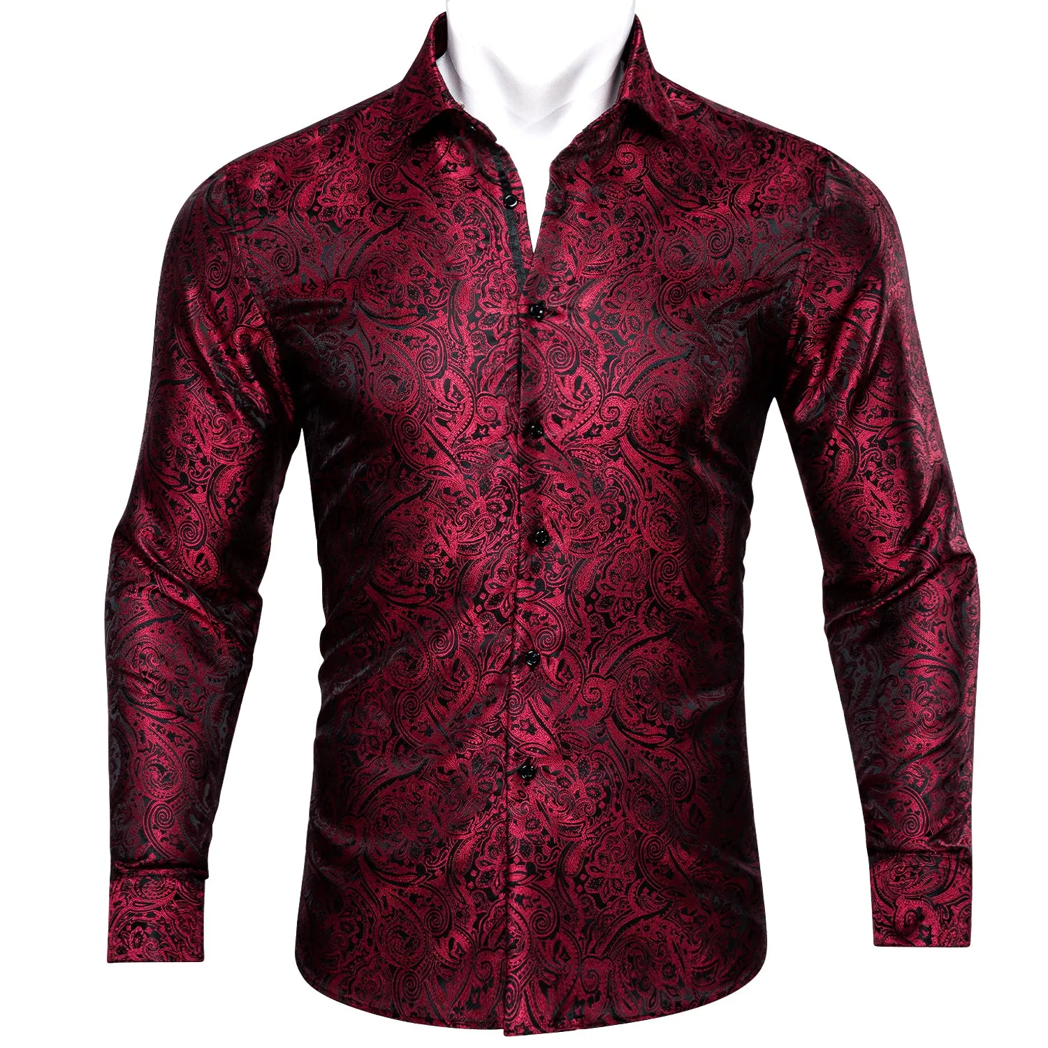 Barry Wang Button Down Shirt Red Black Paisley Silk Men's Shirt Formal sold by Barrywang
