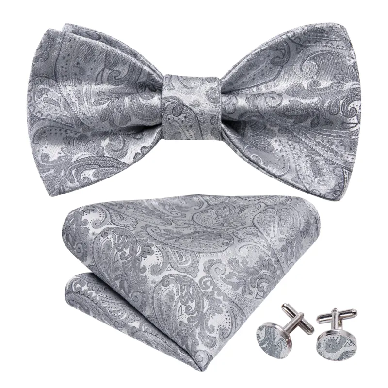 Silver Paisley Bow Tie Hanky Cufflinks Set sold by Barrywang