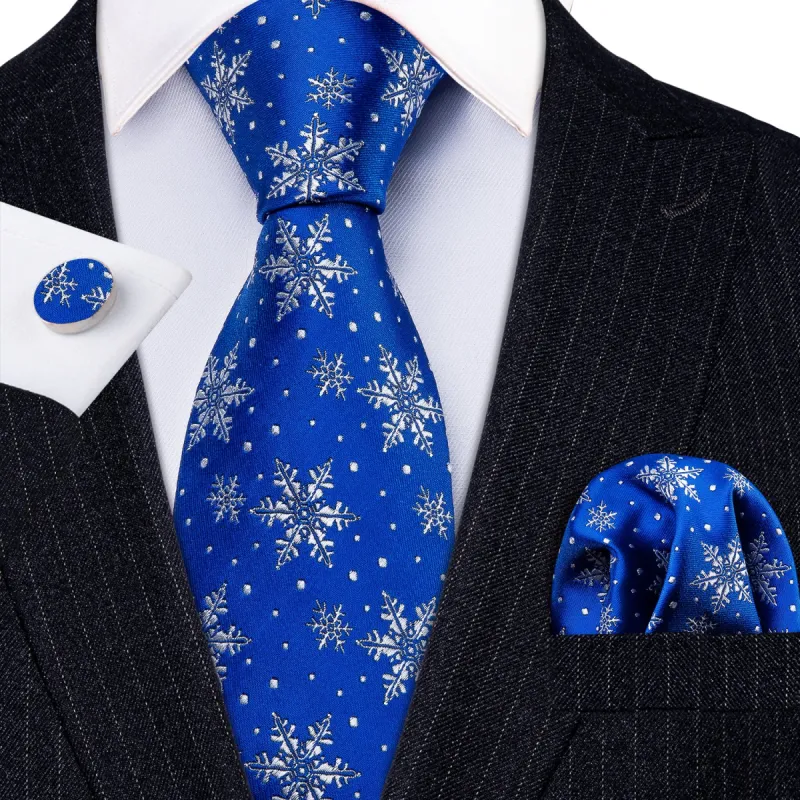 Barry Wang Christmas Tie Blue White Snowflake Silk Men's Tie Pocket Square Cufflinks Set sold by Barrywang