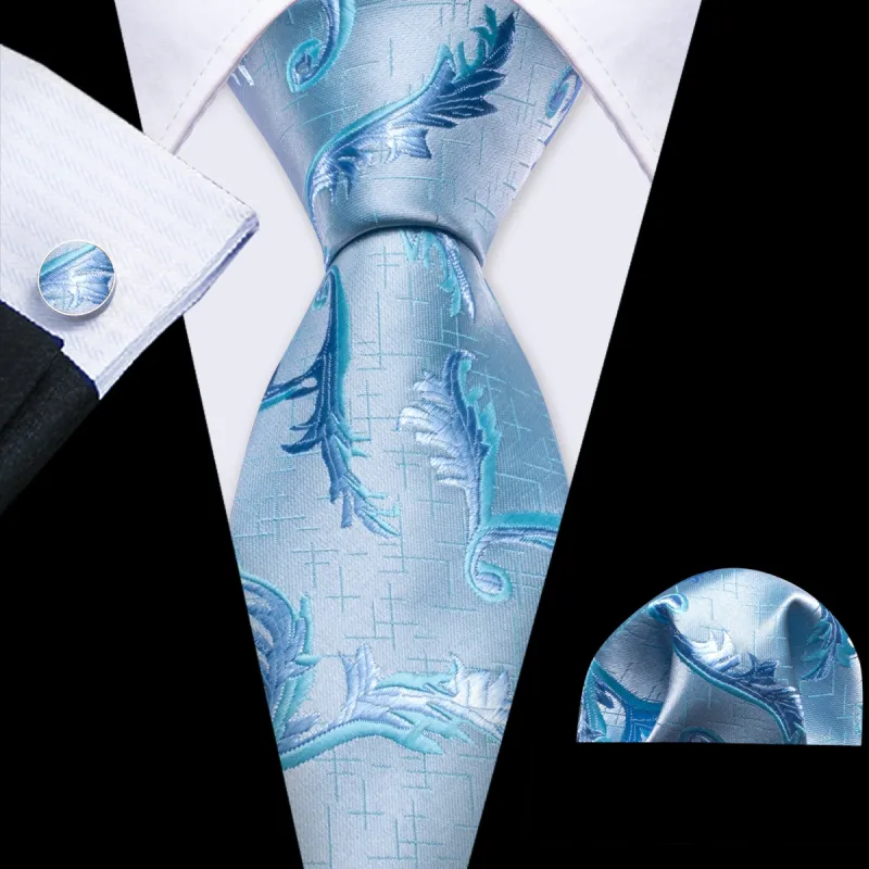 Barry Wang Sky Bule Necktie Foam Floral Silk Tie Hanky Cufflinks Set sold by Barrywang