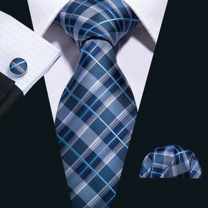 Barry. Wang Classic Blue Plaid Tie Set Tie Pocket Square Cufflinks Set sold by Barrywang