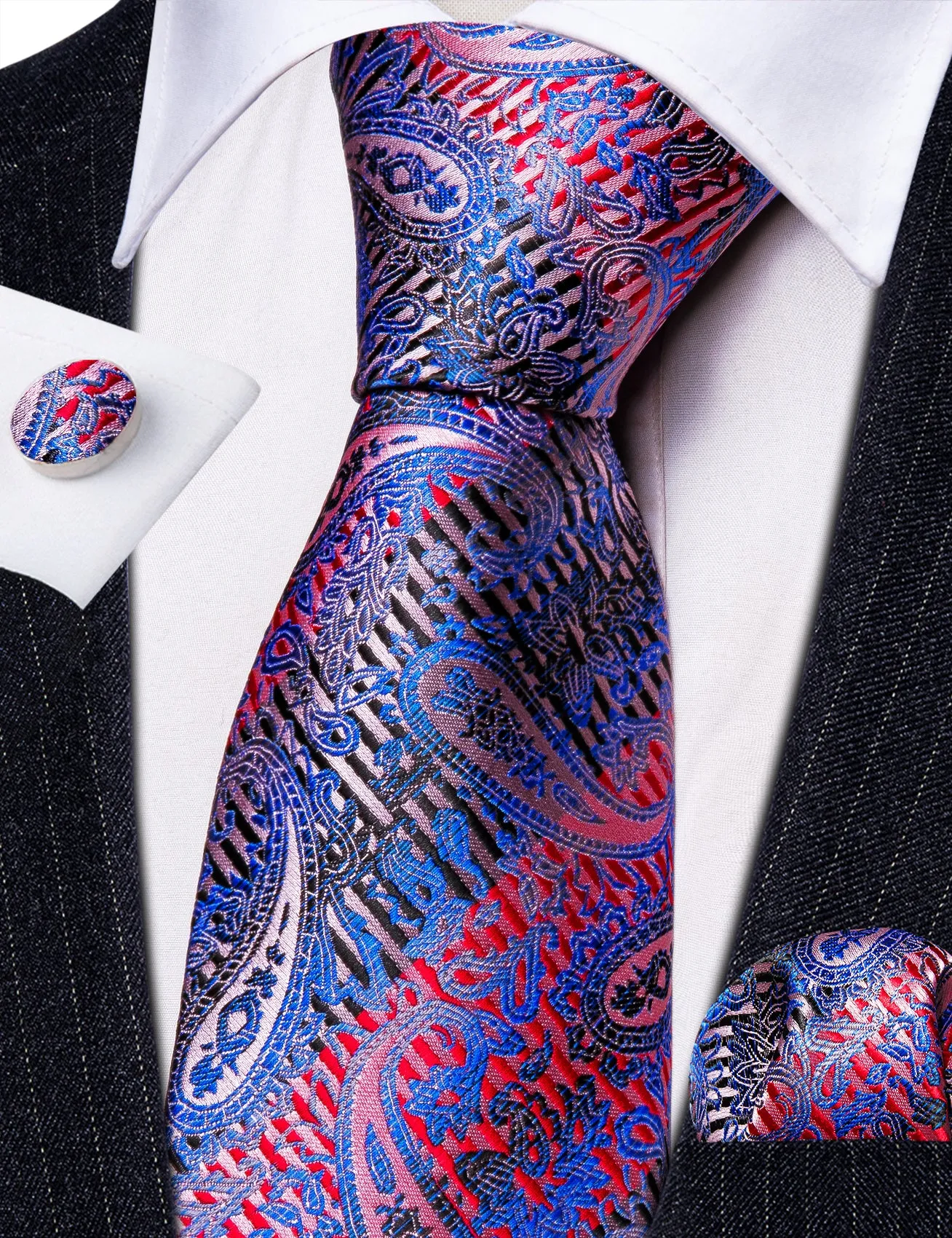 Blue Red Paisley Silk Tie Hanky Cufflinks Set sold by Barrywang product image thumbnail 3