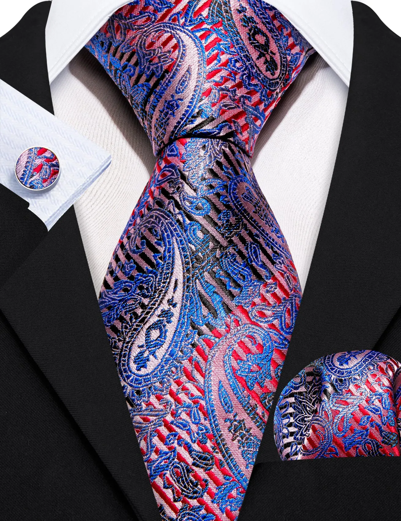 Blue Red Paisley Silk Tie Hanky Cufflinks Set sold by Barrywang product image thumbnail 2