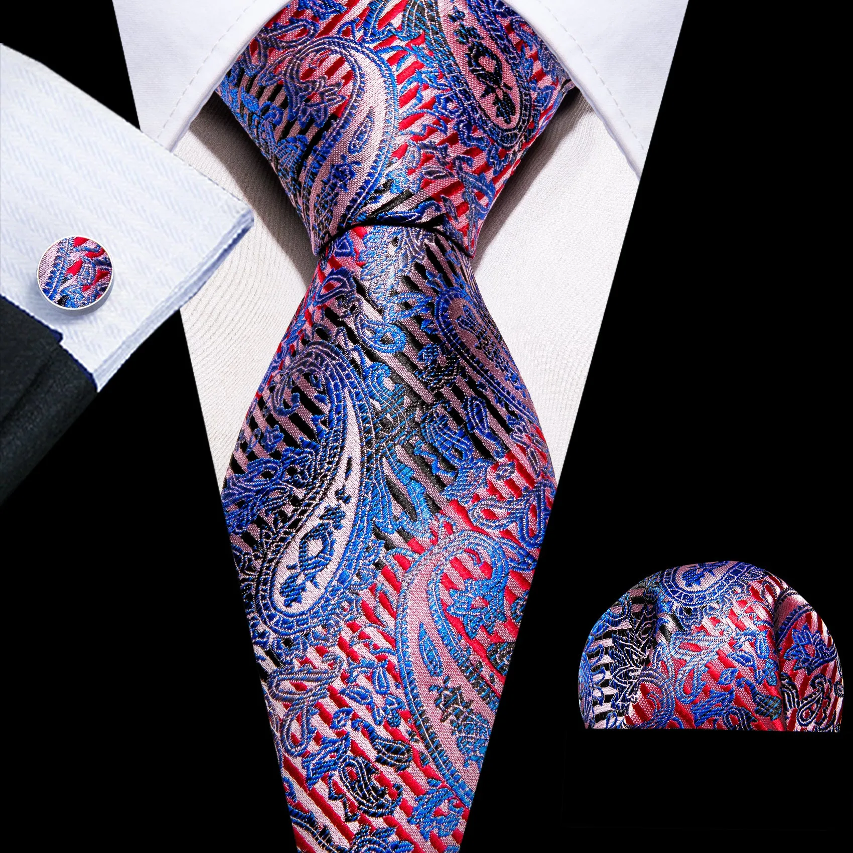 Blue Red Paisley Silk Tie Hanky Cufflinks Set sold by Barrywang