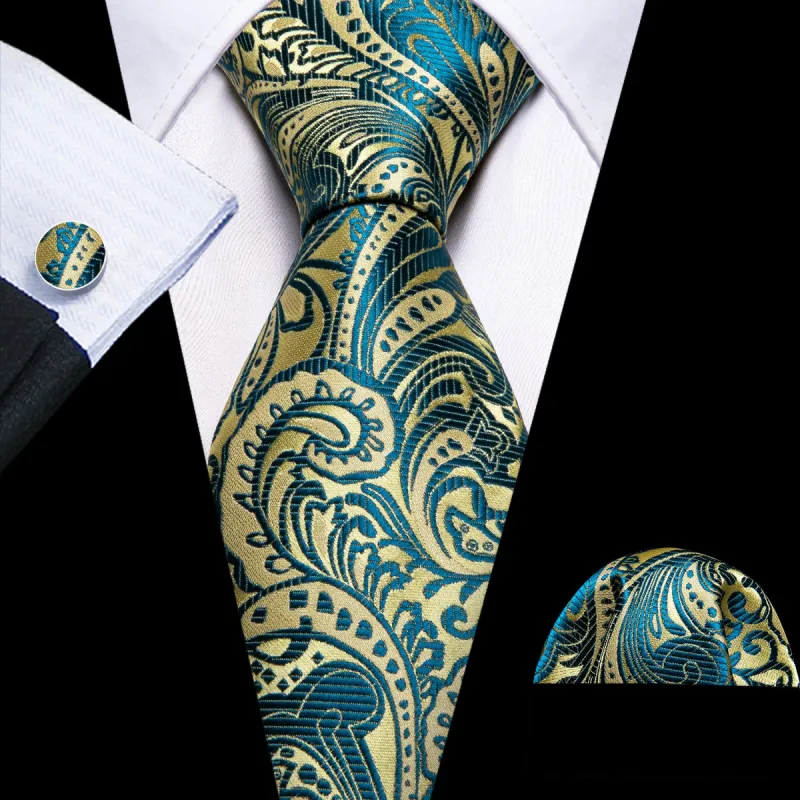 Barry Wang Gold Teal Blue Paisley Silk Tie Pocket Square Cufflinks Set sold by Barrywang