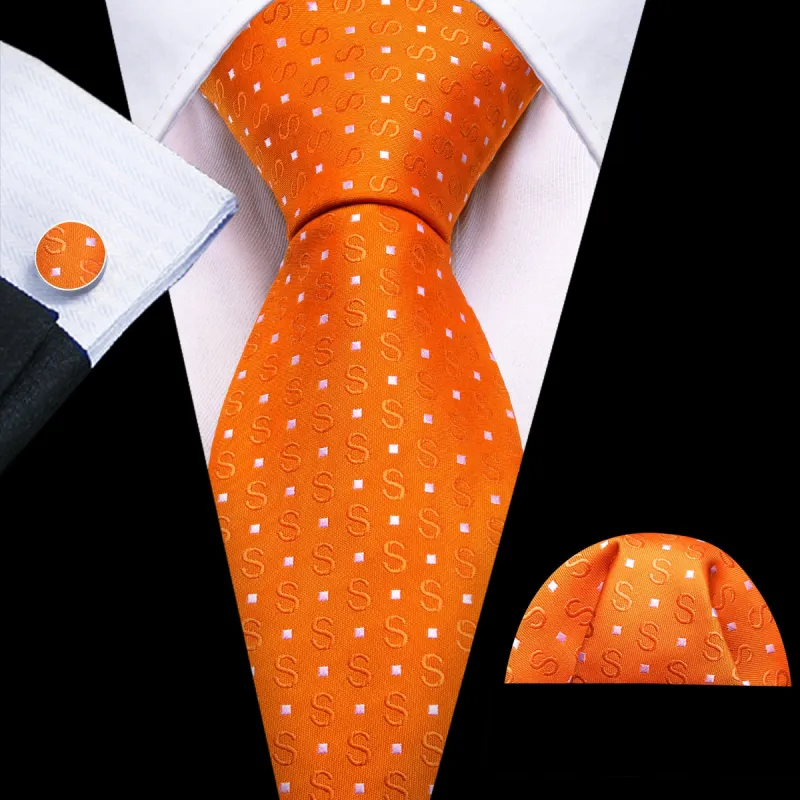 Barry Wang Orange White Floral Silk Tie Pocket Square Cufflinks Set sold by Barrywang