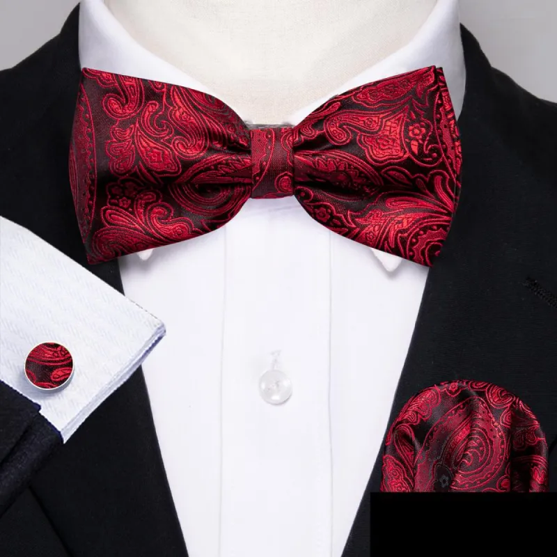 Barry.wang Red Tie Burgundy Paisley Pre-tied Bow Tie Hanky Cufflinks Set sold by Barrywang