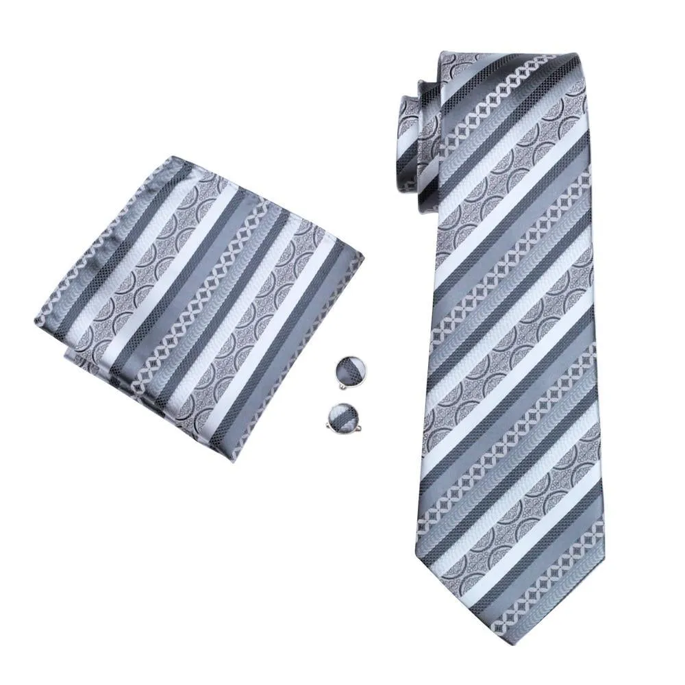 Barry Wang Silver Grey Striped Men's Tie Pocket Square Cufflinks Set sold by Barrywang product image thumbnail 3