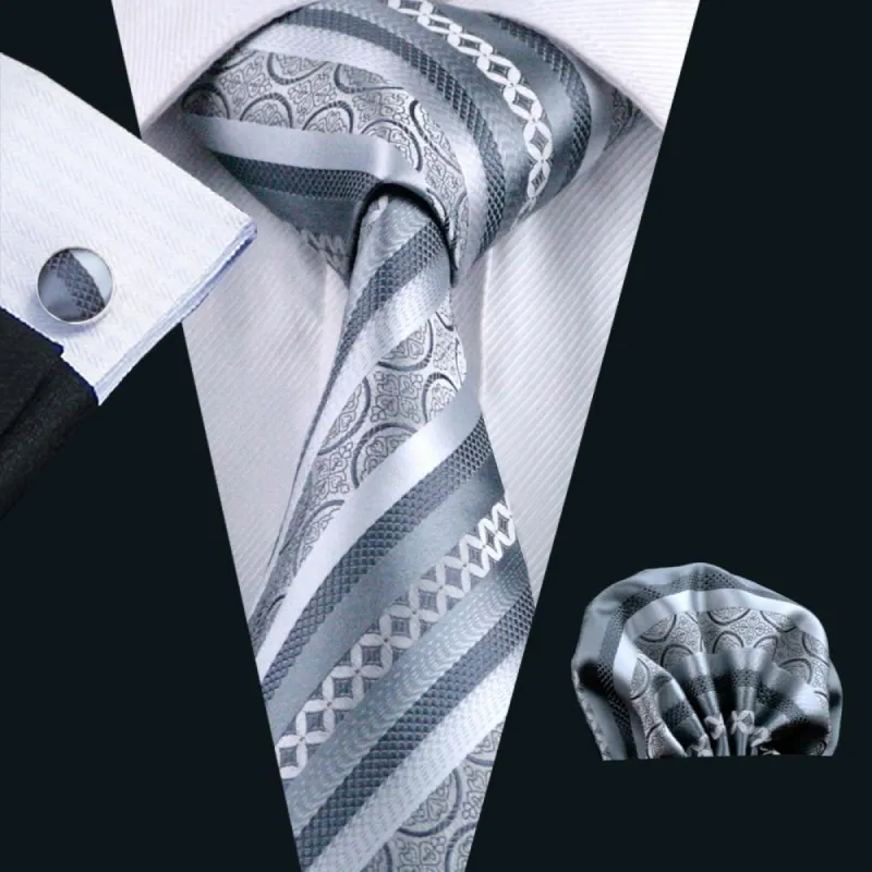 Barry Wang Silver Grey Striped Men's Tie Pocket Square Cufflinks Set sold by Barrywang