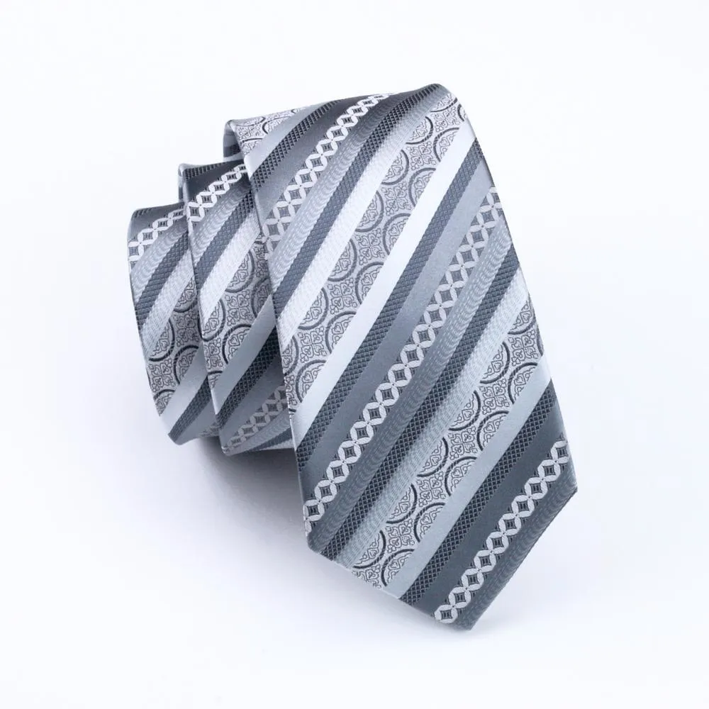 Barry Wang Silver Grey Striped Men's Tie Pocket Square Cufflinks Set sold by Barrywang product image thumbnail 5