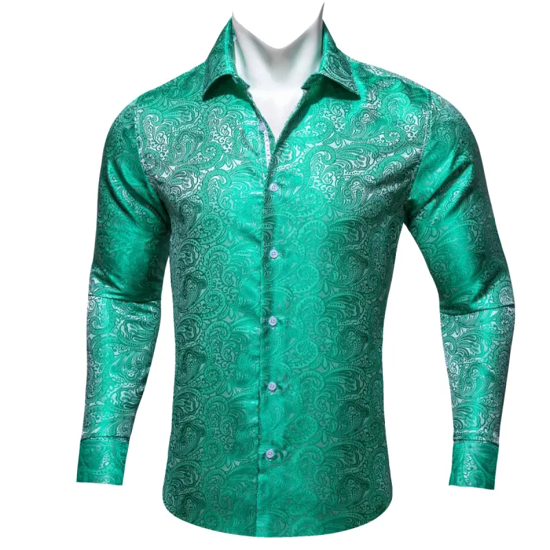 Barry Wang MediumTurquoise Teal Green White Paisley Silk Men's Shirt sold by Barrywang