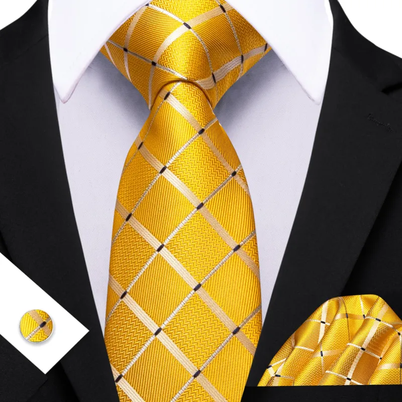 Barry Wang Yellow Tie Mens Beige Stripes Checkered Necktie Set sold by Barrywang