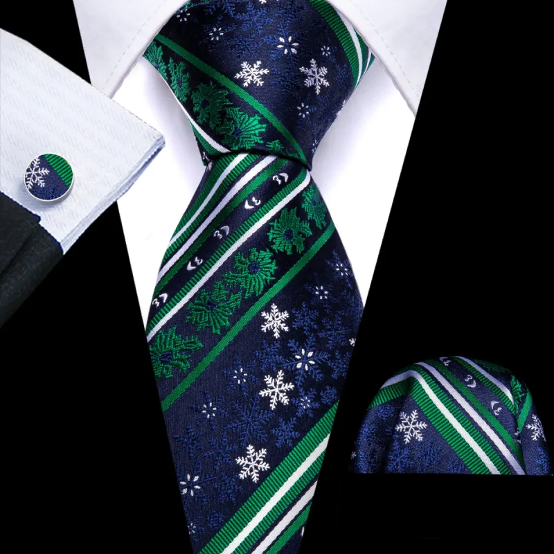 Barry Wang Christmas Tie Blue Green Snowflake Tie Hanky Cufflinks Set sold by Barrywang