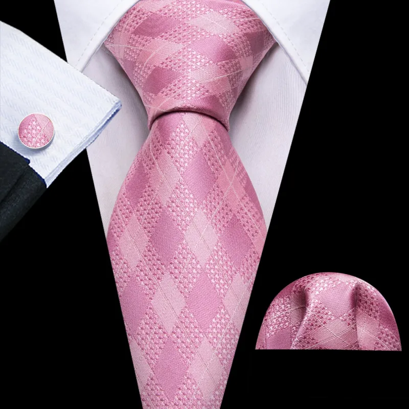 Barry Wang Fashion Pink Plaid Silk Necktie Pocket Square Cufflinks Set sold by Barrywang