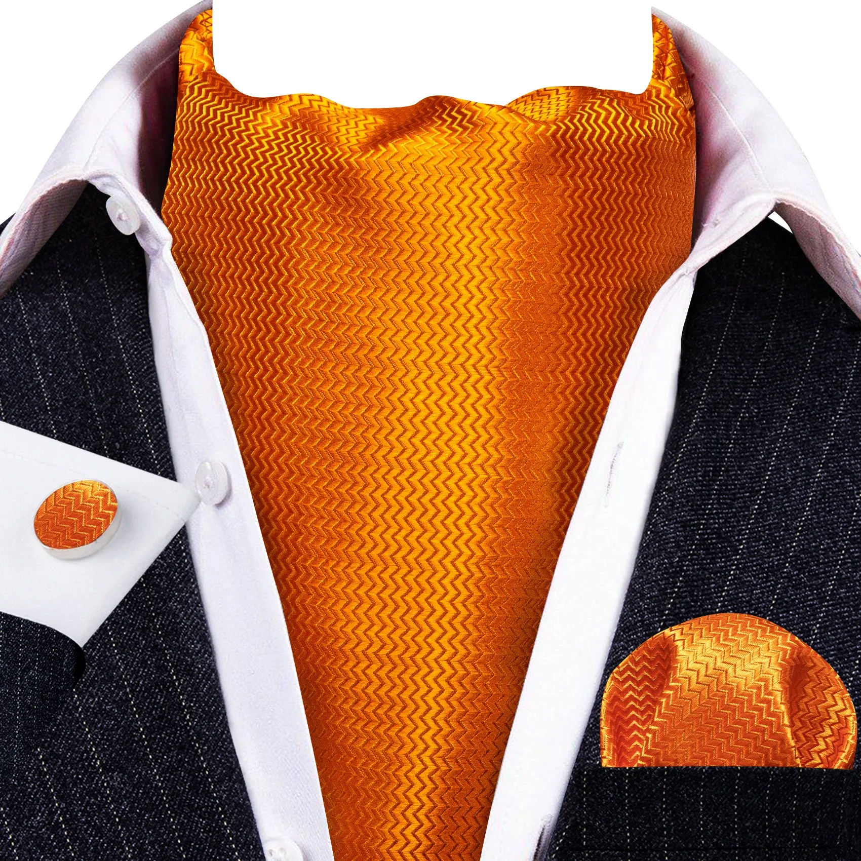 Barry.Wang Men's Tie Orange Solid Silk Ascot Tie Hanky Cufflinks Set sold by Barrywang product image thumbnail 2