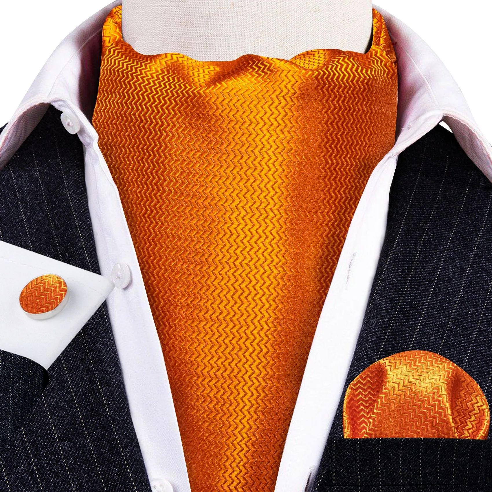 Barry.Wang Men's Tie Orange Solid Silk Ascot Tie Hanky Cufflinks Set sold by Barrywang