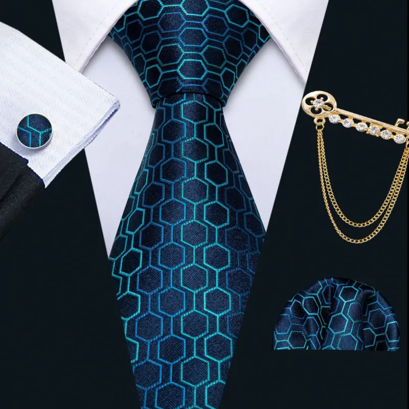 Barry Wang  Blue Tie Geometric Men's Silk Tie Set with Lapel Pin Brooch sold by Barrywang