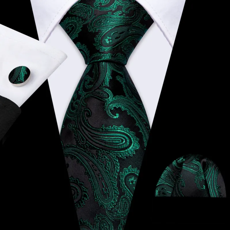 Barry. Wang Dark Green Paisley Silk Tie Handkerchief Cufflinks Set sold by Barrywang