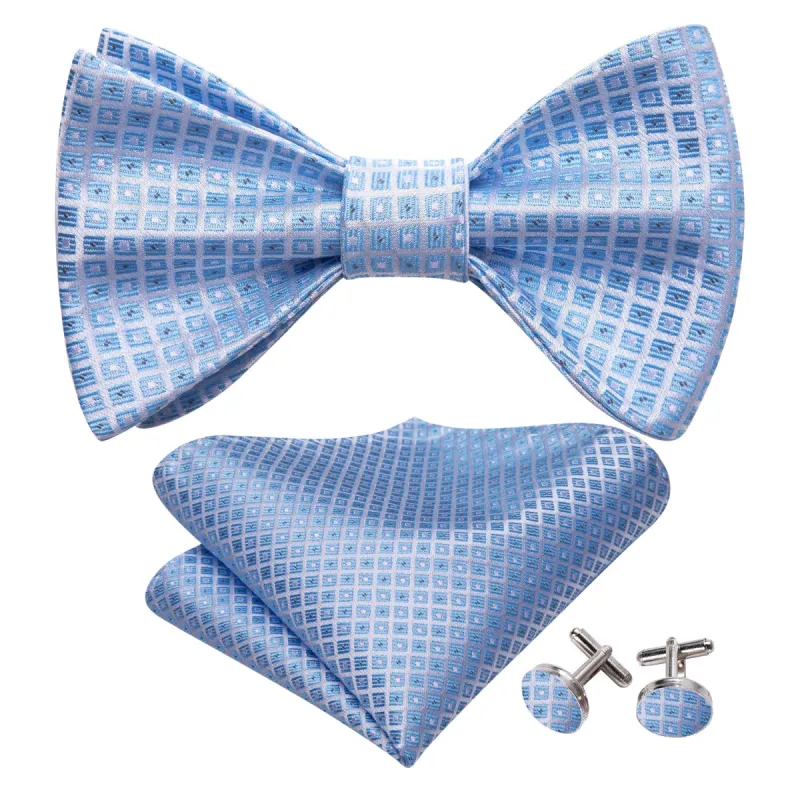 Barry Wang Sky Blue Grey Plaid Mens Silk Bow Tie Hanky Cufflinks Set sold by Barrywang