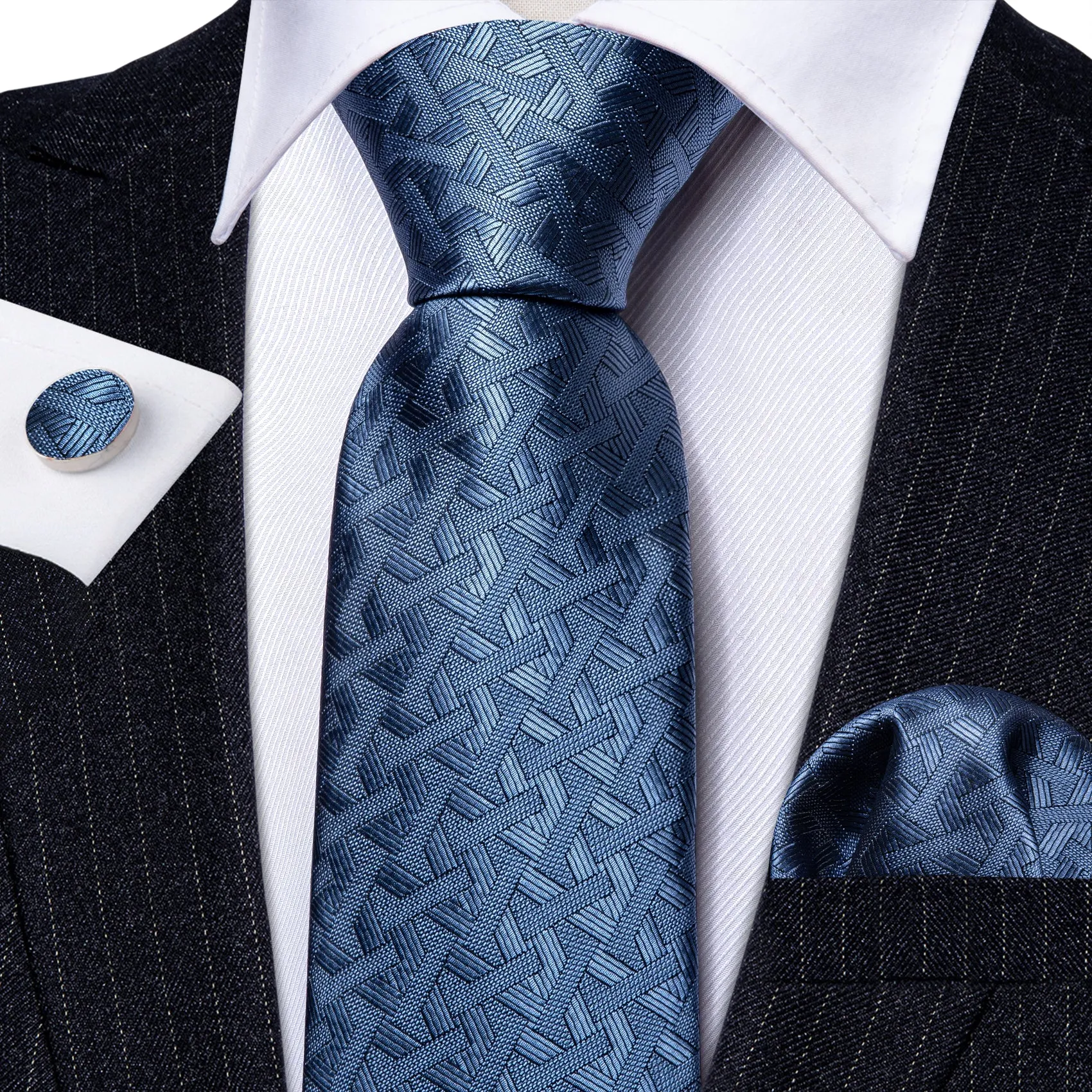 Barry Wang Acid Blue Necktie Solid Men's Tie Handkerchief Cufflinks Set sold by Barrywang product image thumbnail 2