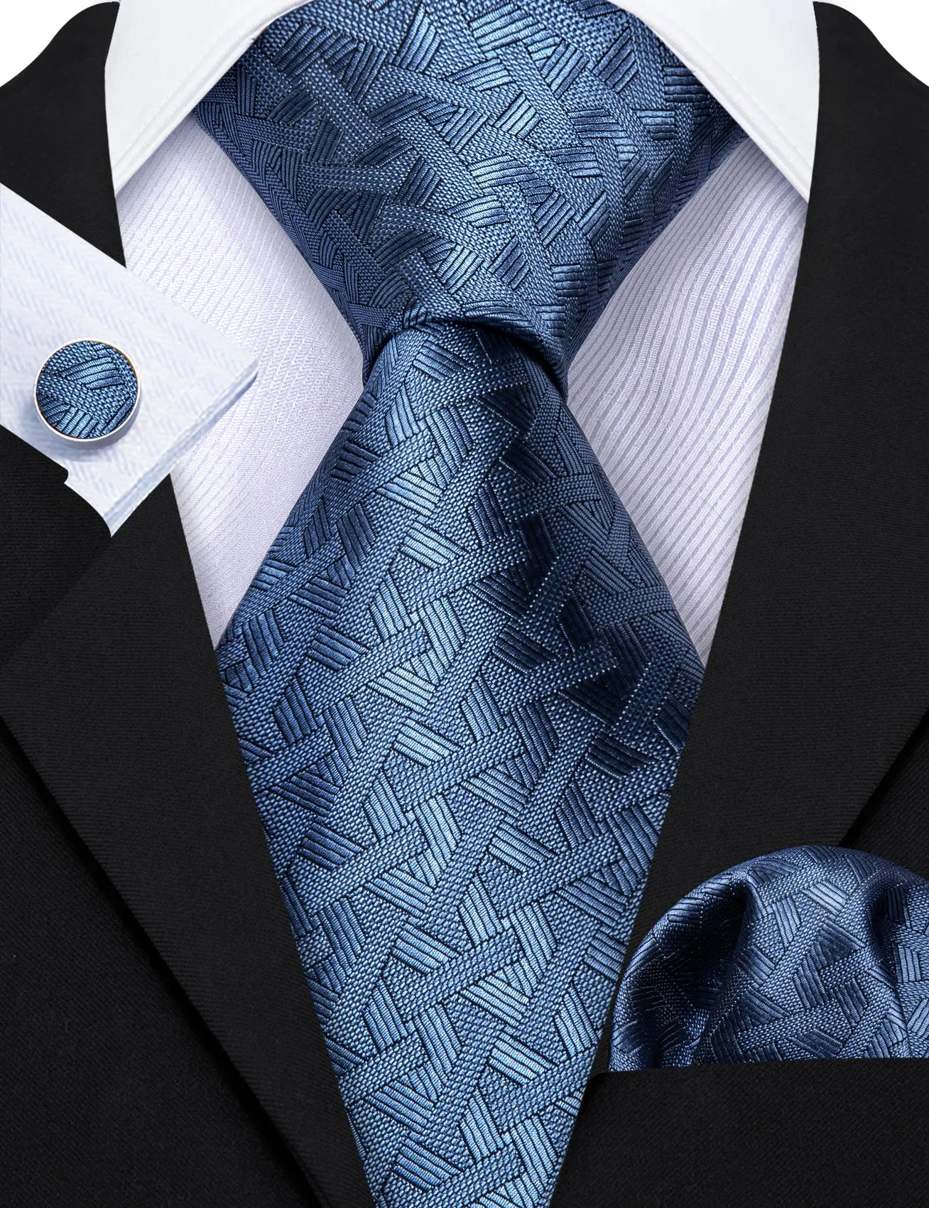 Barry Wang Acid Blue Necktie Solid Men's Tie Handkerchief Cufflinks Set sold by Barrywang product image thumbnail 3