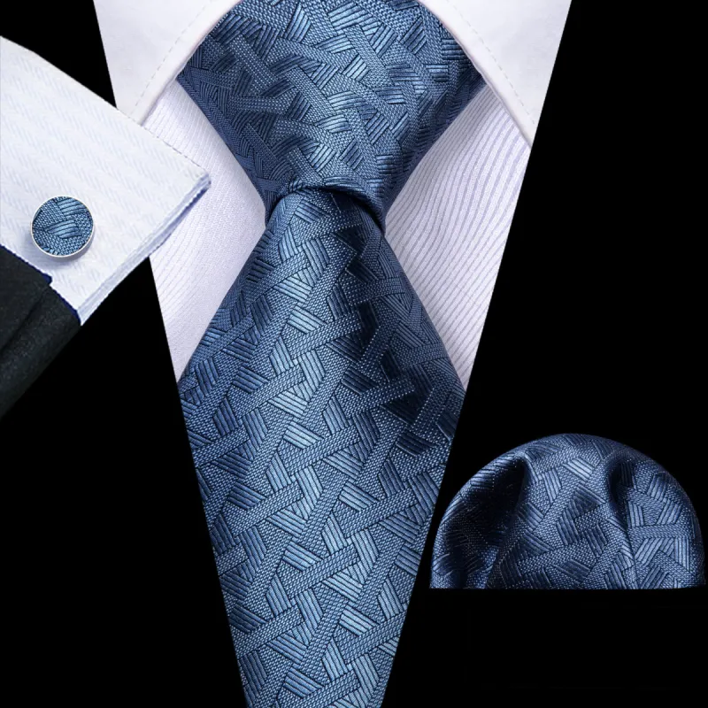 Barry Wang Acid Blue Necktie Solid Men's Tie Handkerchief Cufflinks Set made by Barrywang