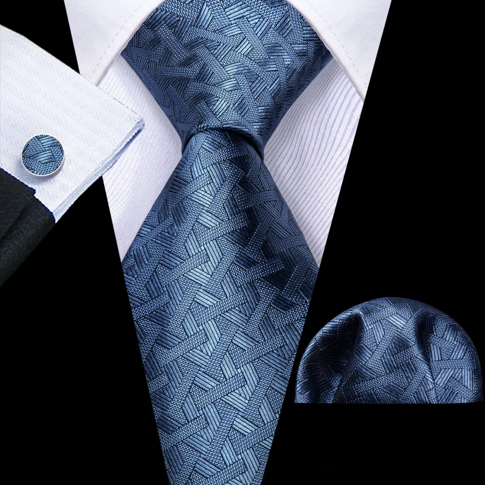 Barry Wang Acid Blue Necktie Solid Men's Tie Handkerchief Cufflinks Set sold by Barrywang