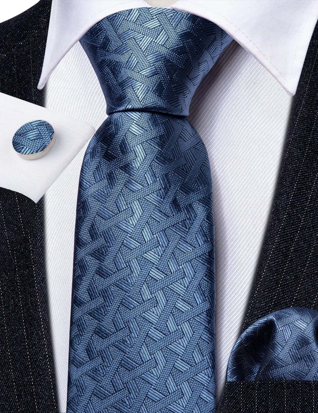Barry Wang Acid Blue Necktie Solid Men's Tie Handkerchief Cufflinks Set sold by Barrywang product image thumbnail 5