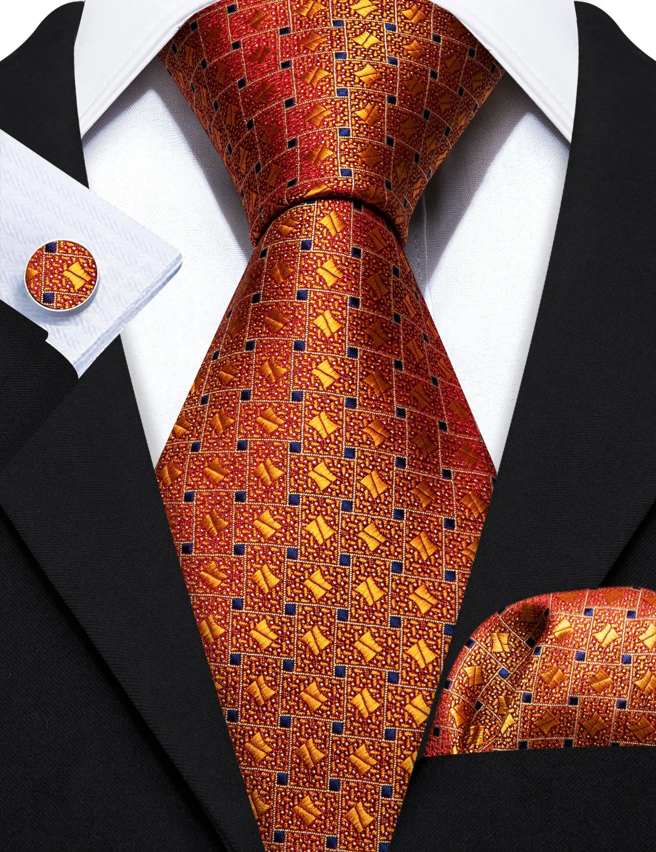 Barry.Wang Orange Tie Novelty Blue Plaid Silk Tie Pocket Square Cufflinks Set sold by Barrywang product image thumbnail 4