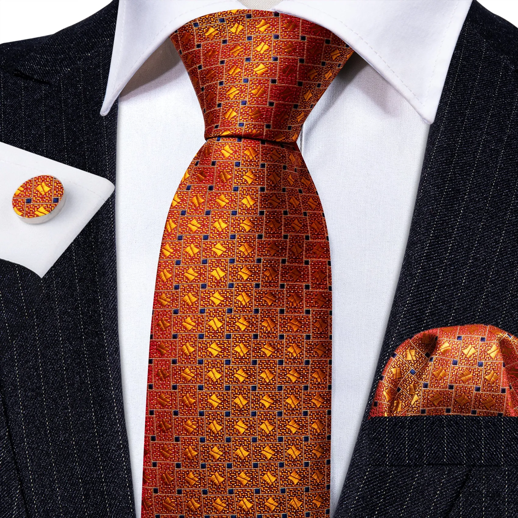 Barry.Wang Orange Tie Novelty Blue Plaid Silk Tie Pocket Square Cufflinks Set sold by Barrywang product image thumbnail 2