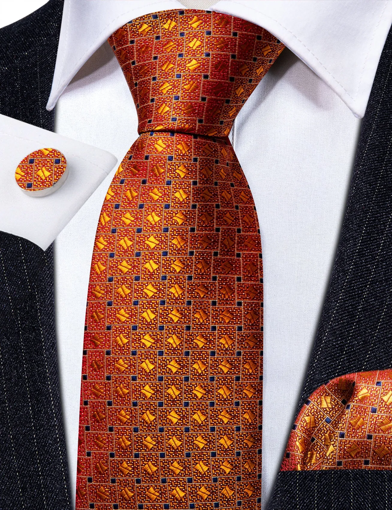 Barry.Wang Orange Tie Novelty Blue Plaid Silk Tie Pocket Square Cufflinks Set sold by Barrywang product image thumbnail 5