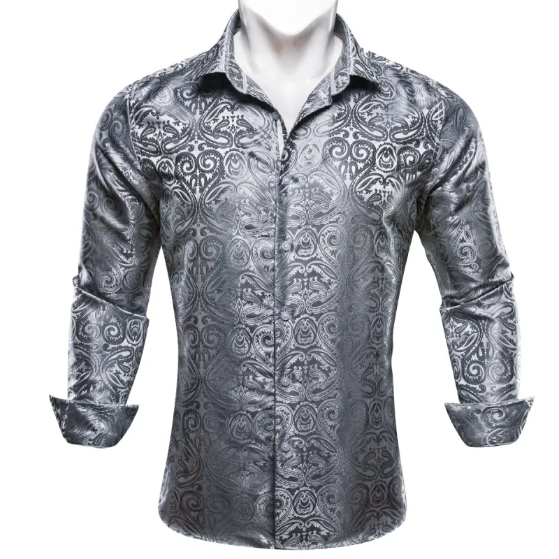 Barry. Wang Grey Shirt Silver Paisley Mens Silk Long Sleeve Dress Shirt sold by Barrywang
