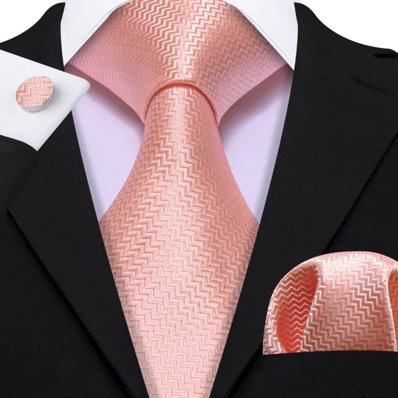 Barry Wang Pale Pink Curve Silk 63" Extra Long Tie Hanky Cufflinks Set sold by Barrywang