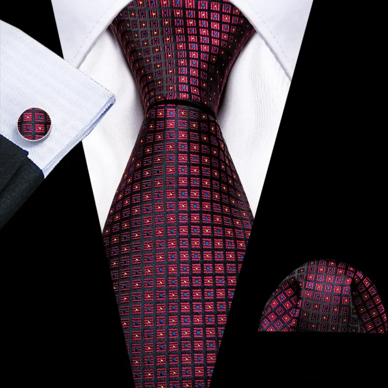 Barry Wang Men's Burgundy Red Black Plaid Silk Tie Hanky Cufflinks Set sold by Barrywang