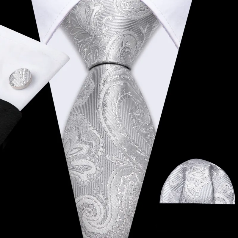 Barry Wang Light Grey Ties Paisley Silk Tie Handkerchief Cufflinks Set sold by Barrywang