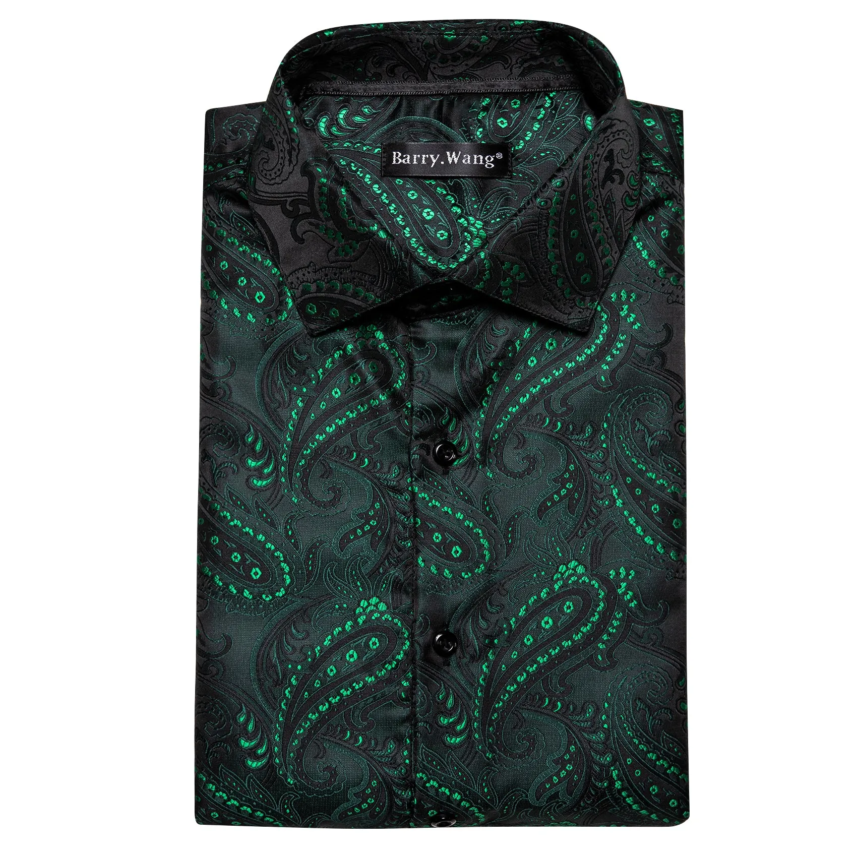 Barry Wang Green Shirt Fashion Green Black Jacquard Silk Men's Shirt sold by Barrywang product image thumbnail 4