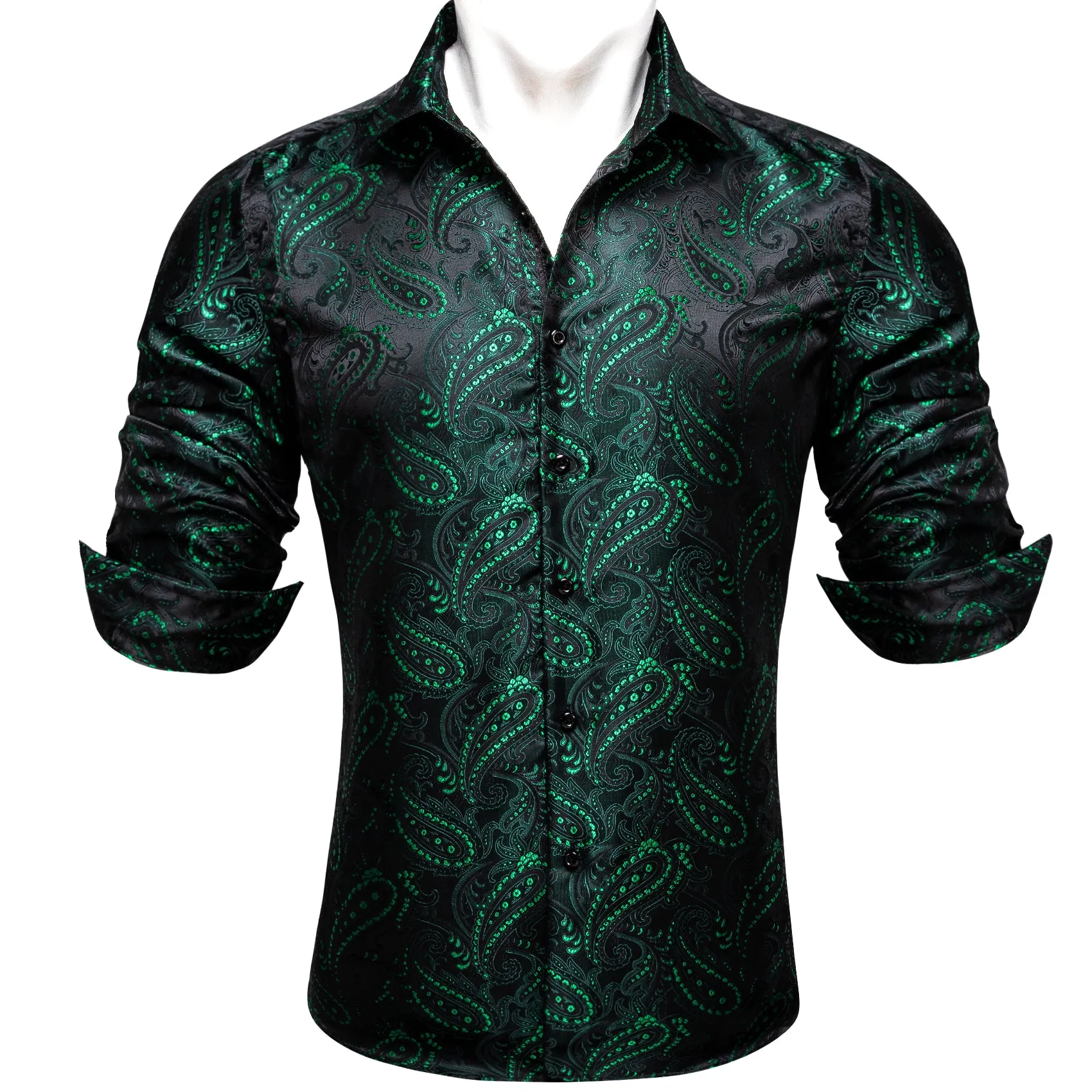 Barry Wang Green Shirt Fashion Green Black Jacquard Silk Men's Shirt sold by Barrywang product image thumbnail 3