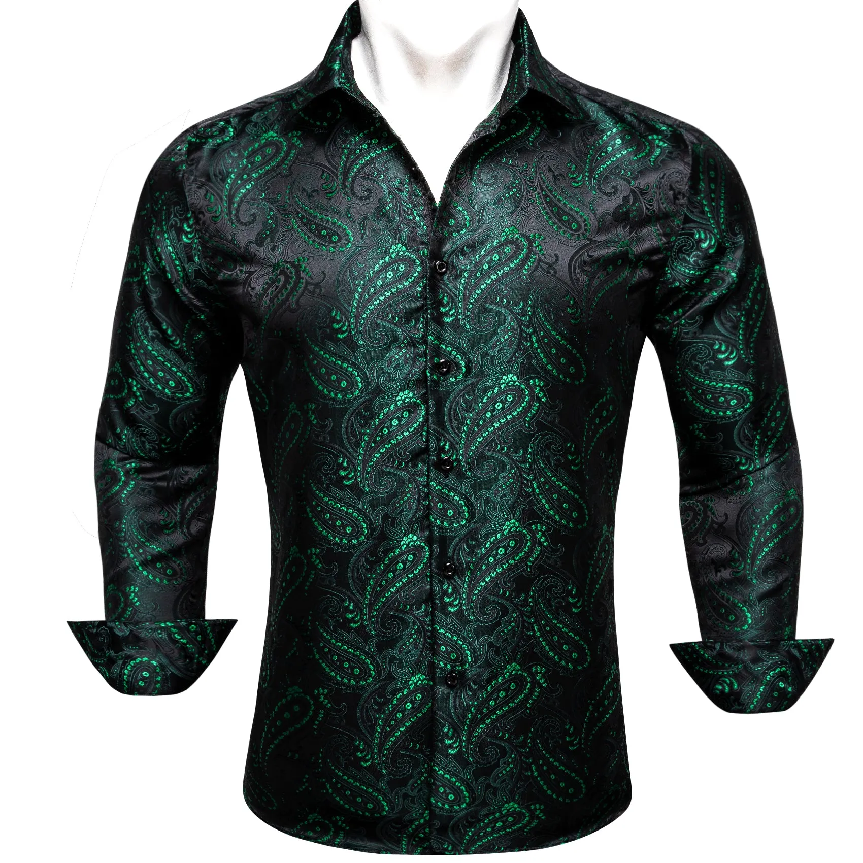 Barry Wang Green Shirt Fashion Green Black Jacquard Silk Men's Shirt sold by Barrywang