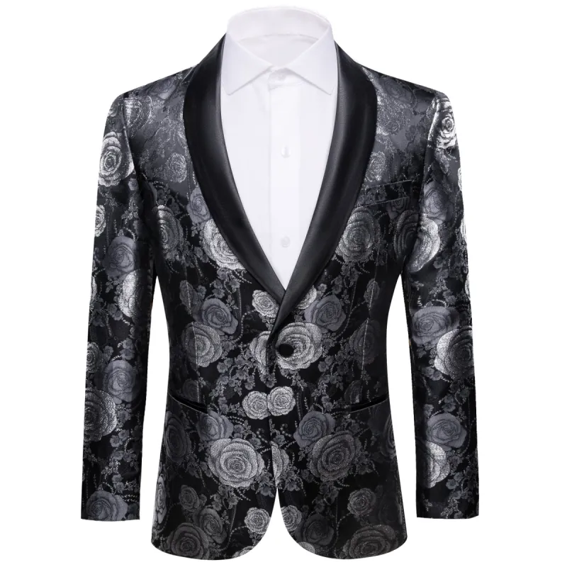 Barry. Wang Men's Dress Party Black Grey Flower Suit Jacket Slim One Button Stylish Blazer sold by Barrywang