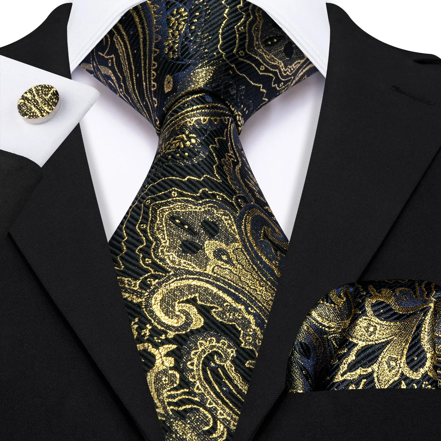 Barry Wang Black Gold Paisley Silk Necktie Pocket Square Cufflinks Set sold by Barrywang product image thumbnail 3