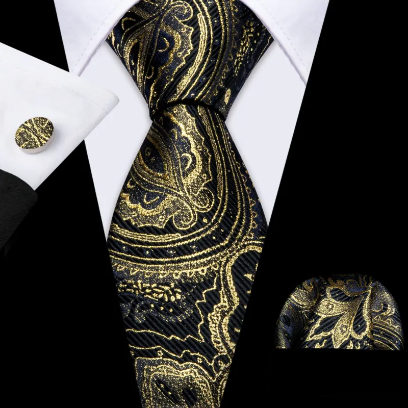 Barry Wang Black Gold Paisley Silk Necktie Pocket Square Cufflinks Set sold by Barrywang