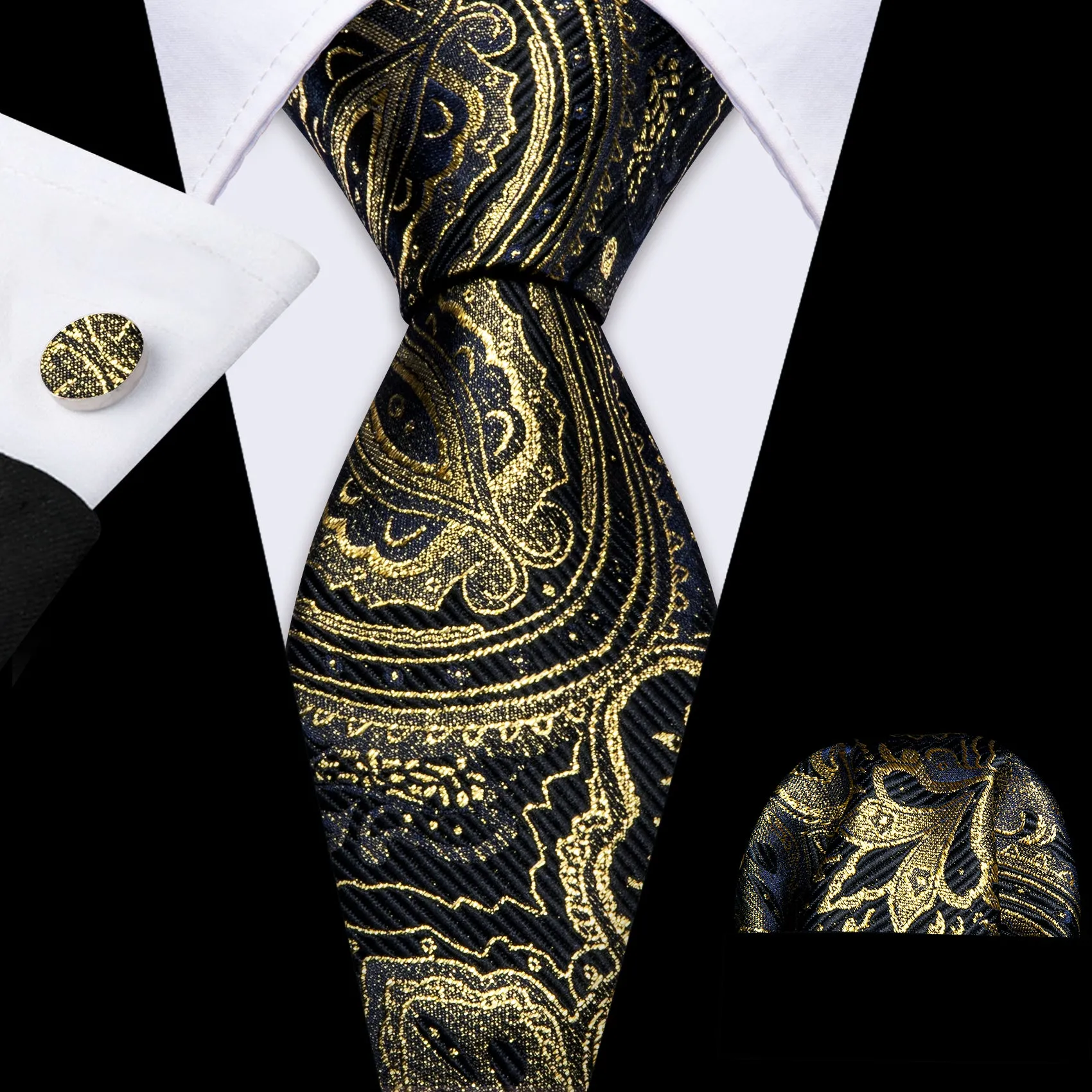 Barry Wang Black Gold Paisley Silk Necktie Pocket Square Cufflinks Set sold by Barrywang
