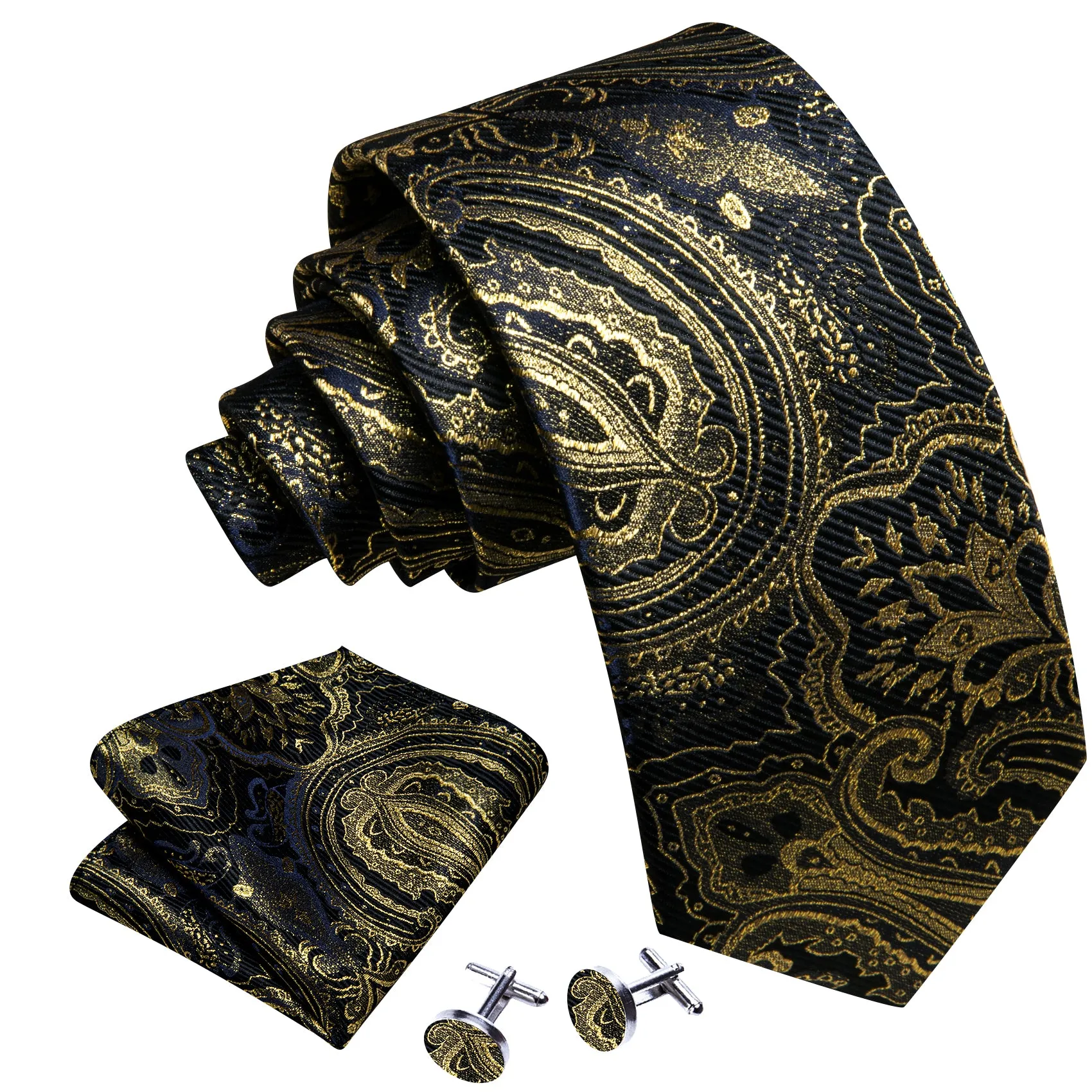 Barry Wang Black Gold Paisley Silk Necktie Pocket Square Cufflinks Set sold by Barrywang product image thumbnail 2