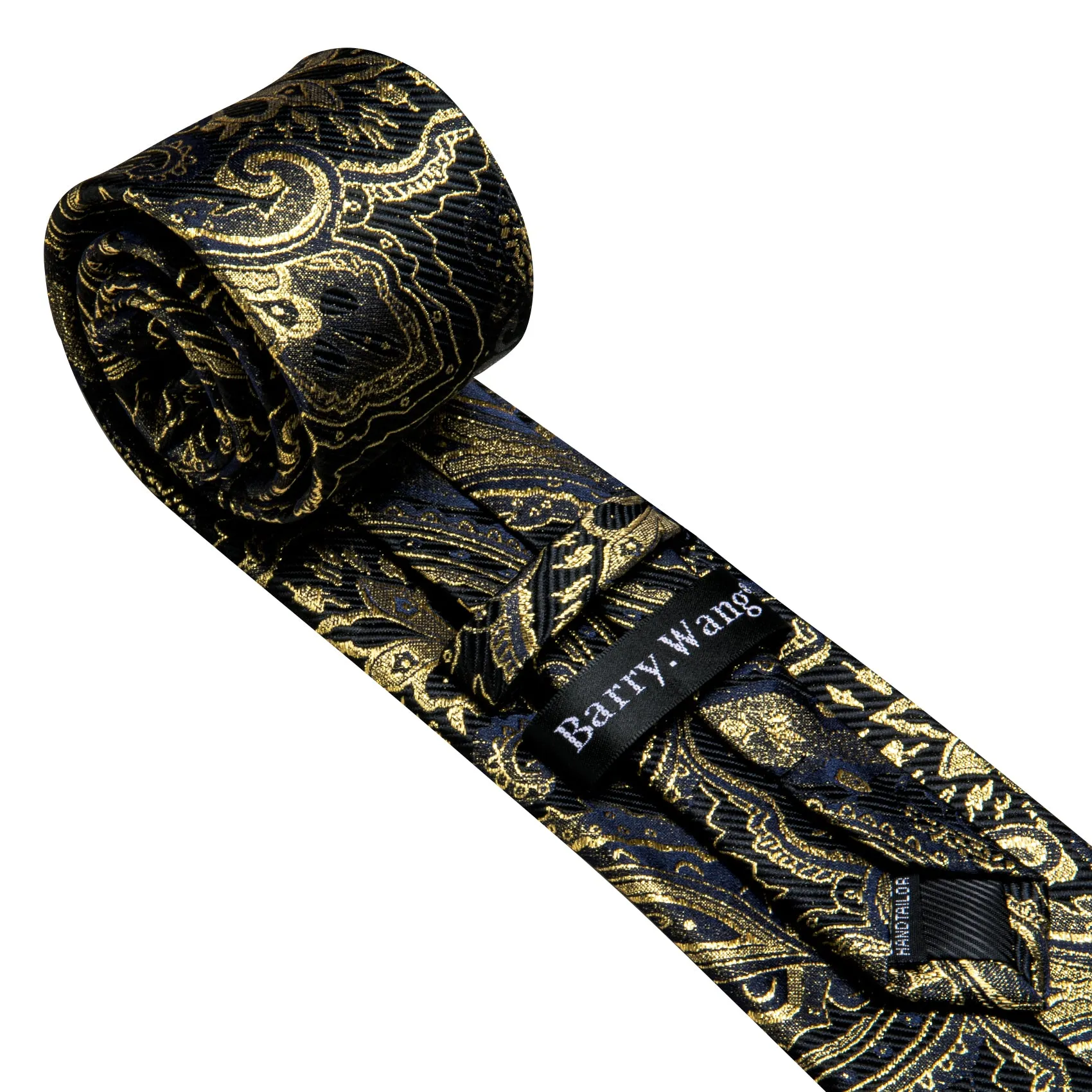 Barry Wang Black Gold Paisley Silk Necktie Pocket Square Cufflinks Set sold by Barrywang product image thumbnail 4