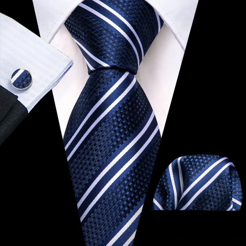 Barry Wang Blue Striped Tie with White Stripes Men's Business Set sold by Barrywang