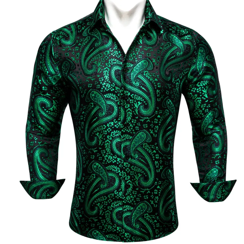 Barry Wang Dark Green Shirt Paisley Jacquard Silk Men's Western Shirt sold by Barrywang