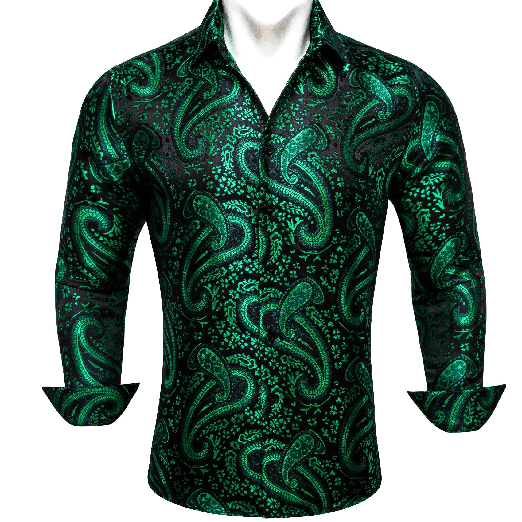 Barry Wang Dark Green Shirt Paisley Jacquard Silk Men's Western Shirt sold by Barrywang