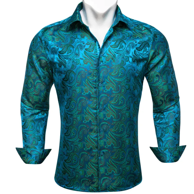 Barry Wang Blue Green Paisley Silk Men's Casual Dress Shirt sold by Barrywang